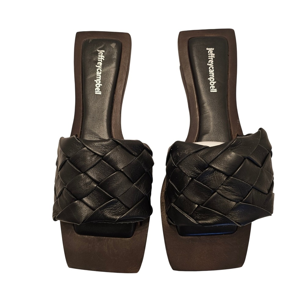 Jeffrey Campbell Black Woven Leather Square Toe Slide Sandals W 9 Costello 40